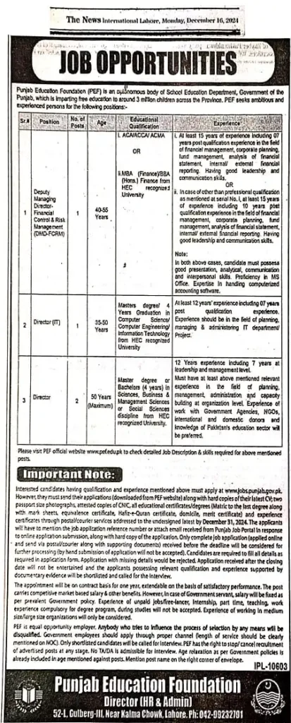 PEF Jobs Advertisement