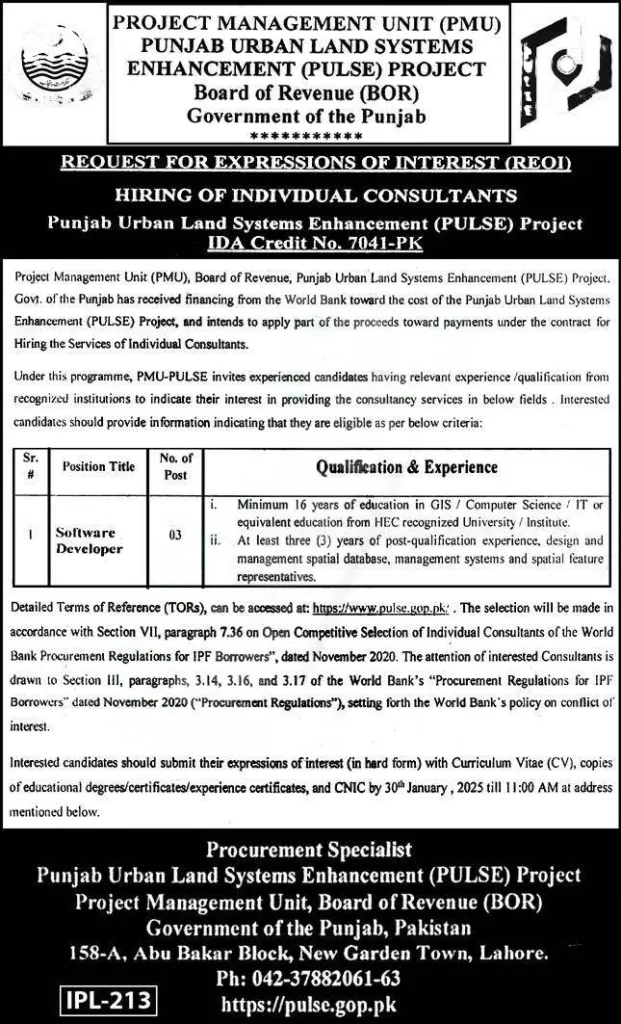 BOR Board of Revenue Punjab Jobs Advertisement