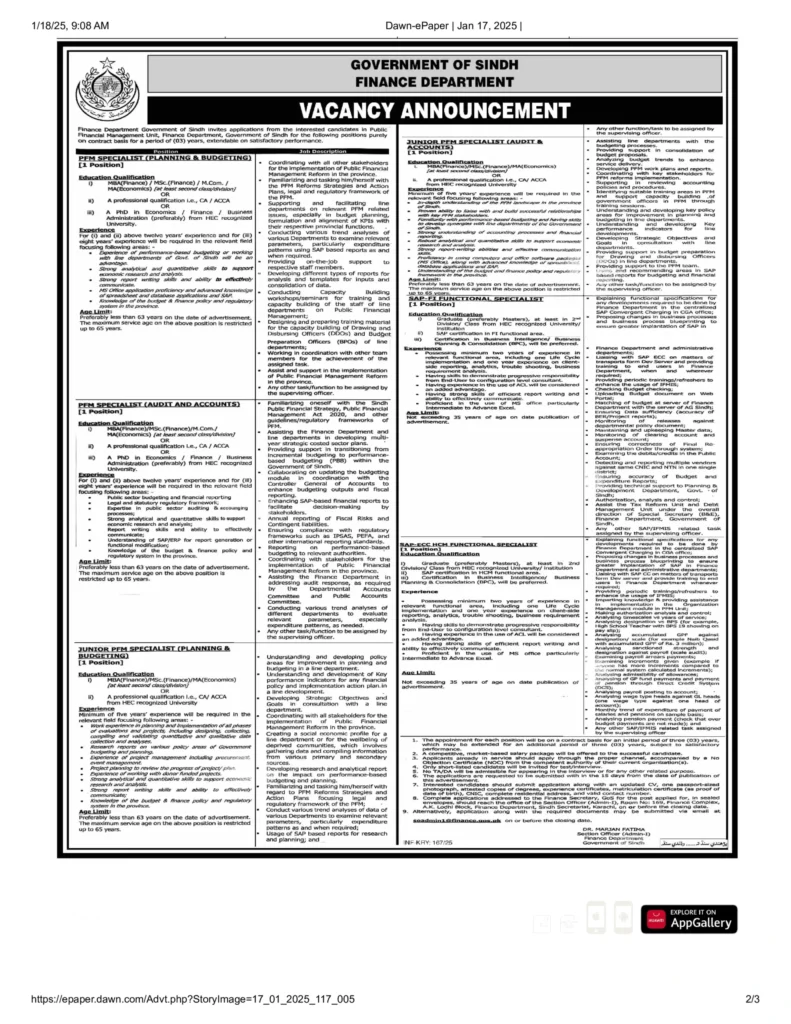 Finance Department Sindh Jobs