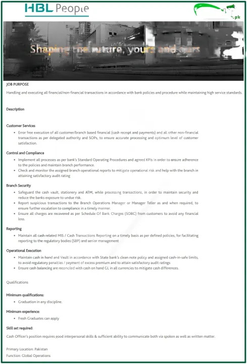 Habib Bank Limited HBL Cash Officer Jobs